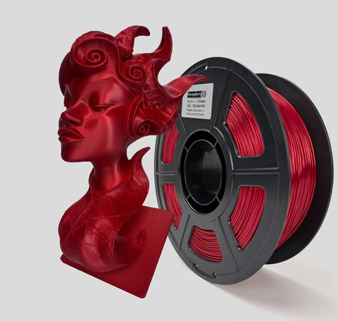 Slick Deep Red PLA High Speed 3D Printer Filament 1.75MM with a detailed red figure sculpture alongside a 1kg spool.