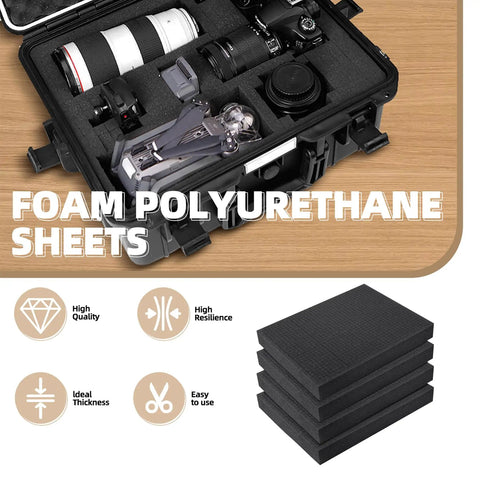 Image of Heavy Duty 4 Pack Pre Cut Pick and Pluck Polyurethane Foam Sheets for gear protection inside a case.