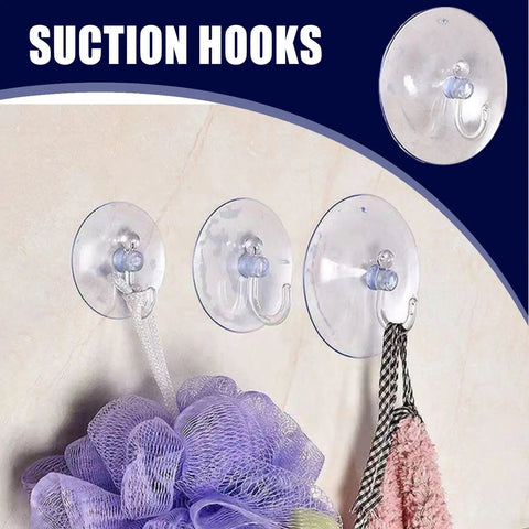 Super Strong Suction Cup Hooks For Bathroom Wall 10 Pack on tile, holding bath accessories like loofah and towel.