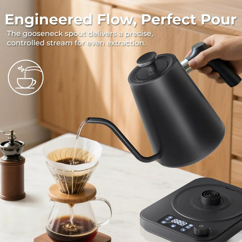 Gooseneck Electric Kettle With Precise Temperature Control Pro Grade 1L 1200W Fast Heating pouring water into coffee dripper