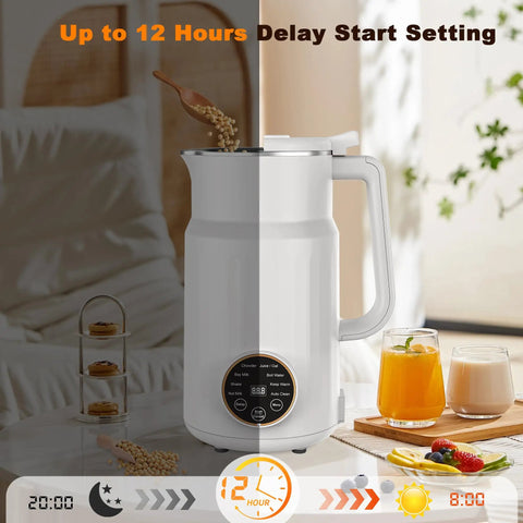 10 In 1 Plant Based Milk Maker All In One Kitchen Boss With 34 Oz Capacity, white kitchen appliance on table with drinks and snacks