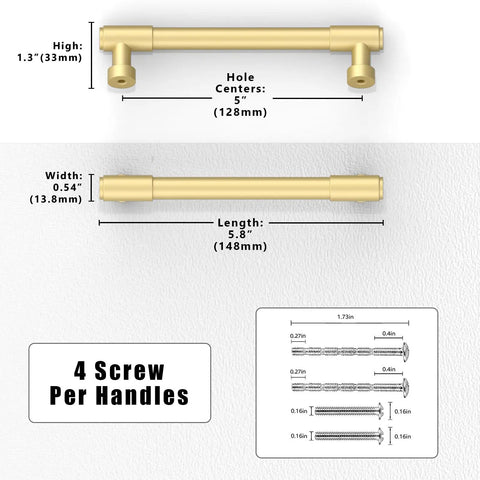 10 Pack Brushed Gold Cabinet Pulls with dimensions, 5 Inch wide handles, ideal for kitchen drawers, includes 4 screws for setup.