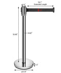 Stanchions Set Of 2 36 Inch Height With Six Point Five Foot Retractable Belt Heavy Duty Workhorse Steel Crowd Control Barriers Black Powder Coated Posts Silver Belts For Event Safety And Restaurant Queue Management, showing dimensions.