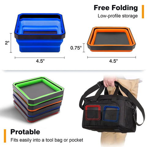 4 Pack Collapsible Silicone Magnetic Tool Trays With Dual Sided Magnetic Base Foldable 4.5 Inch Square Bowls stacked and in use