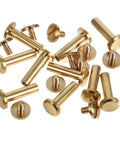 Top Shelf Ten Piece Copper Binding Screws Kit For Leather Repair And Book Binding Screw Post Bolts With Slick Patina Finish And Legit Strong Hold For Photo Albums And Crafts, showing ten golden copper binding screw posts.