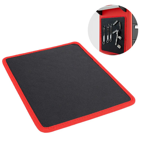 Flexible Magnetic Tool Mat With 40 Lbs Holding Power For Auto Repair, Anti Slip PVC Surface Keeps Wrenches, Screwdrivers, And Small Parts Stable, Safe From Slips, And Ready To Grab In A Busy Workshop on red-trimmed black mat
