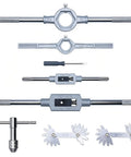 Ultimate 86 Piece Internal External Fastener Threading Tap Die Set With Wrenches And Gauges For Home Service Bolt Hole Renewing Screw Cutting And Rethreading Tools In Sturdy Alloy Steel Box Metric And Sae Sizes Included taps, dies, wrenches and gauges displayed