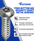 Tamper Resistant Torx Security Screws For Sheet Metal, Button Head Stainless Steel Anti Theft Heavy Duty Fastening, Size Fourteen By Three Quarters Inch, 10 Pack For Essential Security with text listing features including stainless steel, tamper-resistant, and corrosion-resistant qualities.