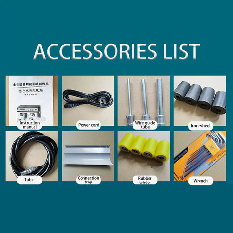Accessories for Automatic Wire Stripper And Intelligent Wire Twister Cable Cutting Tool including manual, power cord, and wheels.