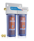 Heavy Duty Two Stage Deionized Water Rinse System with two 10x2.5 inch filters for car washing, includes brass connector.