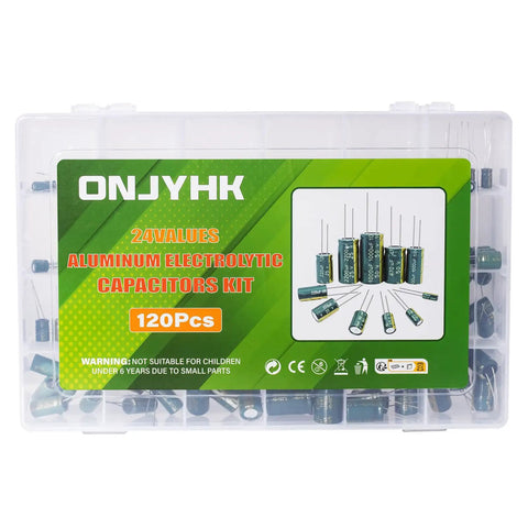 No Sweat Aluminum Electrolytic Capacitor Assortment Kit featuring 24 values in a clear storage case with 120 pieces.