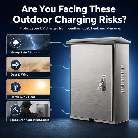 Lockable EV Charger Box Featuring 304 Stainless Steel for protection against weather and vandalism, shown in a sleek design.