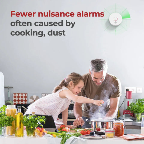 Heavy Duty Smoke Detectors With 9V Replaceable Battery 8 Pack House Fire Alarms, in a kitchen scene reducing nuisance alarms.