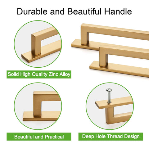 Kickass Square Cabinet Handles 10 Pack Featuring Three Inch Screw Spacing And Brushed Champagne Gold Zinc Alloy Furniture Pulls For Kitchen Cabinets Dressers And Closets close-up of brushed gold cabinet pulls with deep hole thread design.