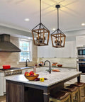 Rustic Farmhouse 4 Light Pendant Chandelier With Imitation Oak Wood Grain over kitchen island, vintage iron lantern design.