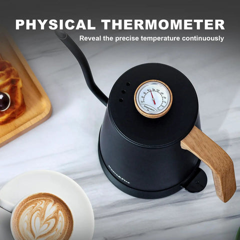 Top view of a black Gooseneck Electric Kettle With Built-In Thermometer, 1L Stainless Steel, next to a latte and croissant.