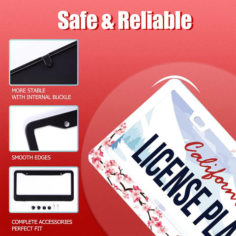 Totally Custom Cherry Blossom License Plate Frame in Stainless Steel With Floral Design for Car Decor showing stability and smooth edges.