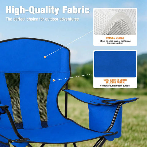 Close-up of blue Two Pack Heavy Duty Folding Camping Chairs With 4 Can Cooler Bag showcasing breathable mesh back and padded design.