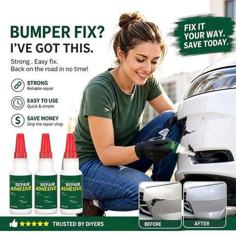 Heavy Duty Car Bumper Repair Adhesive And Quick Cure Auto Body Glue For Exterior Trim Sealing applied by woman on cracked bumper.
