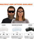 Impact Resistant Oversized Blade Safety Glasses Featuring Hella Reliable Anti Fog Lens Coating And Scratch Proof Build For Superior Job Site Eye Protection Plus ANSI Z87 Verification Rating with multiple lens options.