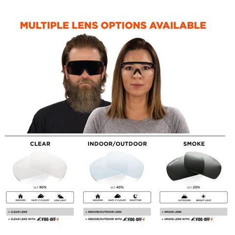 Impact Resistant Oversized Blade Safety Glasses Featuring Hella Reliable Anti Fog Lens Coating And Scratch Proof Build For Superior Job Site Eye Protection Plus ANSI Z87 Verification Rating with multiple lens options.