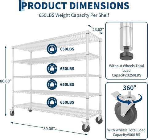 Heavy Duty 5 Tier Rolling Metal Wire Storage Rack With Smooth Gliding Casters For Garage Or Pantry Featuring Beast Grade Rust Resistant Build Plus Slick Matte Finish dimensions with weight capacity details.