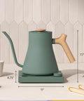 Gooseneck Pour Over Coffee Kettle With Precise Temperature Control Quick Heat Up Brew Timer And Scheduling Stainless Steel Point Nine Liter Matte Black For Barista Level Flavor Every Morning in green with wood handle, side view.
