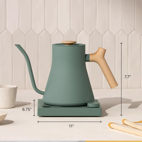 Gooseneck Pour Over Coffee Kettle With Precise Temperature Control Quick Heat Up Brew Timer And Scheduling Stainless Steel Point Nine Liter Matte Black For Barista Level Flavor Every Morning in green with wood handle, side view.