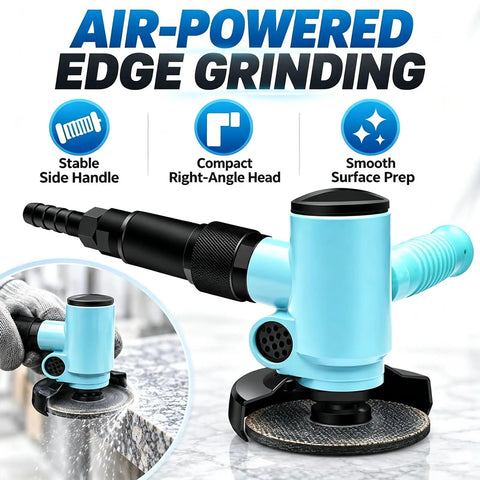 4 Inch Pneumatic Angle Grinder Blows Dust Away For Crisp Visibility With Air-Powered Edge Grinding Feature and Stable Side Handle.