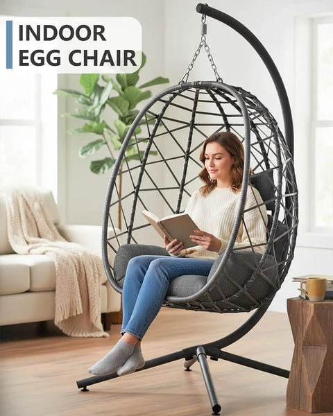 Outdoor Hanging Egg Chair With Stand Wicker Rattan Swing Chair With Cushioned Comfort in indoor setting