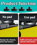 Tesla jack pad set: four black rubber pads with red tops; side-by-side no-pad vs use-pad showing chassis and battery protection