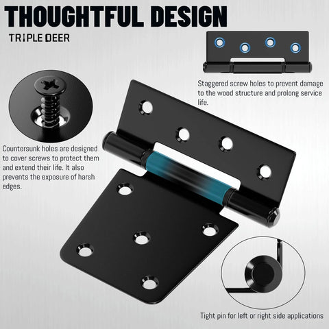 Black 3.5 Inch Heavy Duty Gate Hinge with Extra Thick Straps for Wood Fence Barn Doors and Sheds, shown with screw holes