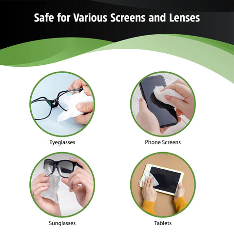 HandyClean pre-moistened lens cleaning wipes; 4 panels show eyeglasses, sunglasses, phone and tablet screens