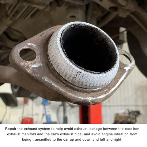 Built Different 2 Piece ID 65mm Graphite Exhaust Flange Gaskets Leakproof Manifold Donut Seals on a vehicle exhaust pipe.