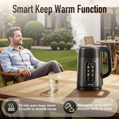 Electric Kettle 1.7L With Clear Touch Screen Temperature Control, No Plastic Contact With Water, Six Preset Temperatures, on table