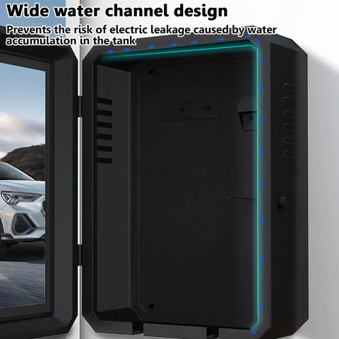 Wall Mount EV Charger Protector Box Waterproof Security Enclosure With Combo Lock Black Shell showing wide water channel design.