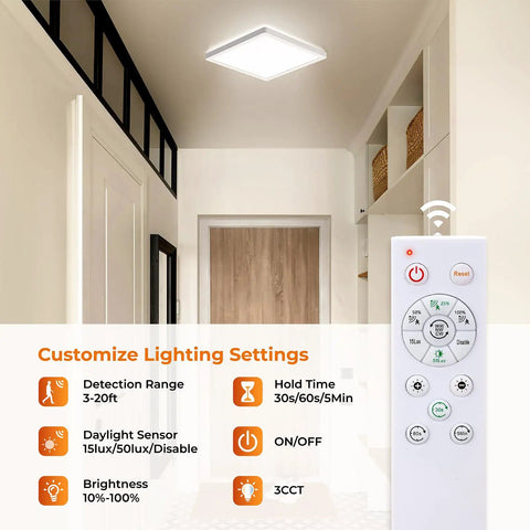 Dimmable Motion Sensor LED Ceiling Light With Remote, 12 Inch 24W 2400LM Flush Mount Fixture in a hallway.