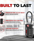 Tsa Approved Travel Luggage Cable Locks Built Solid With Heavy Duty Alloy Design And Smart Open Alert Mechanism To Keep Your Gear Locked Down Tight Black Two Pack, showing combination dial and cable.
