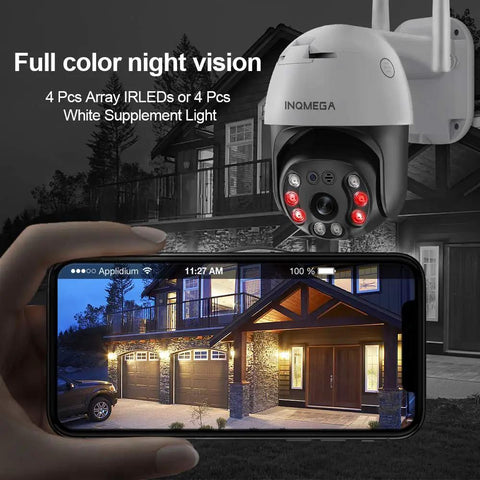5MP PTZ WiFi Outdoor Security Camera With Color Night Vision showcasing live feed on smartphone at night