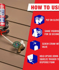 Guide showing how to use Spray Foam Sealant For Gaps And Cracks, Expands Up To 1 Inch, includes step-by-step instructions with visuals.