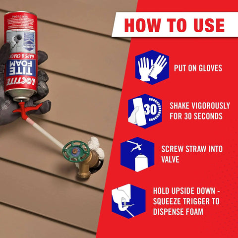 Guide showing how to use Spray Foam Sealant For Gaps And Cracks, Expands Up To 1 Inch, includes step-by-step instructions with visuals.