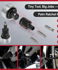 63 Piece One Half Inch Drive Impact Socket Set With SAE Three Eighths Inch To One Inch And Metric Ten To Twenty Four Millimeters Plus Extension Bars And Palm Ratchet Kit showing palm ratchet with bits and uses.