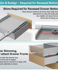Illustration showing shim application for Heavy Duty 10 Inch Bottom Mount Soft Close Drawer Slides installation with drawer alignment.
