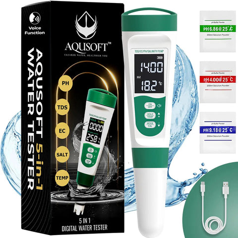 5 In 1 Digital PH Meter With Voice Function For Easy Water Quality Testing Including PH TDS EC Salinity And Temperature Waterproof Rechargeable Pen with accessories