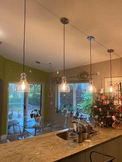 3 Pack One Light Pendant Ceiling Light For Kitchen Island 6.5 Inch Hand Blown Seeded Glass Brushed Nickel Finish in dining room