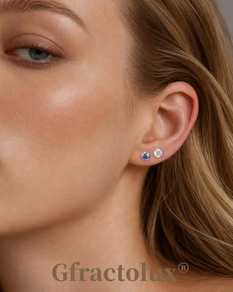 G23 Titanium 5 mm Cz Flatback Earrings Featuring Secure Screw Back 20 Gauge Posts on model's ear.