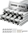 Kickass 2020 Aluminum Extrusion Profile Featuring Slick Anodized T Slot Linear Rail for Heavy Duty CNC and 3D Printer DIY Workbench Assembly Silver 10 Pack, showing silver extrusion rails and assembly hardware.