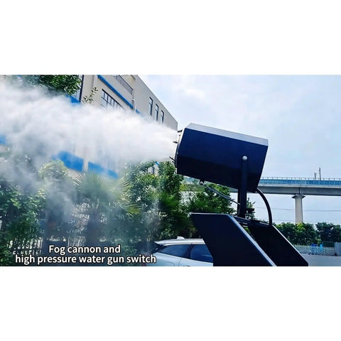 Heavy Duty Industrial Floor Sweeper Machine For Warehouses And Factories fog cannon spraying water outdoors.