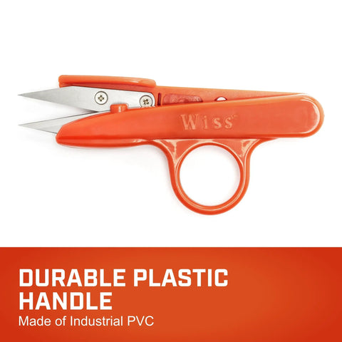 Durable industrial PVC handle on Wiss scissors, red plastic with finger loop, industrial design on a white background.