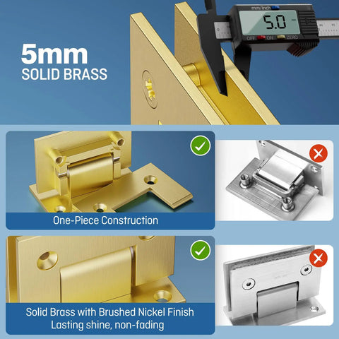 Premium Solid Brass 90 Degree Glass Shower Door Hinges With Short Back Plate Requiring Exact Glass Cutout For Rock Solid Grip No Sweat Install showing 5mm solid brass construction.